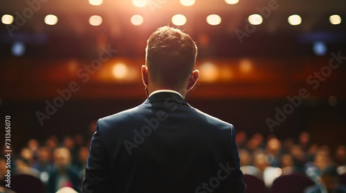Rearview photography of a male business presentation speaker, man holding an educational speech to workers meeting in the evening. Group of people listening to a businessman talking about his ideas
