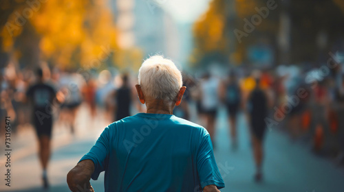 Rearview photography of a senior old man with gray hair wearing a blue t shirt and running a marathon race event. Elderly male person competing in endurance running outdoors, sunny day exercise photo