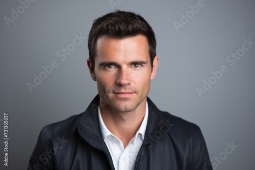 Portrait of handsome young man in black jacket on grey background.