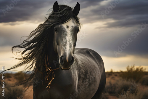 Grulla, grullo or black dun, domestic horse animal in nature photography, sunlight photo