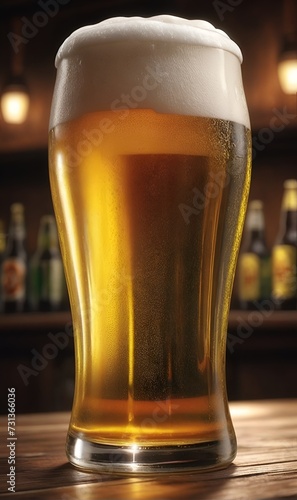 A glass full of cold, fresh beer with foam.
