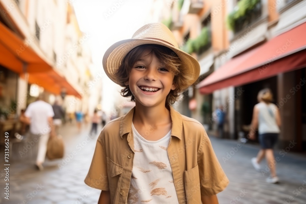 Portrait of a smiling boy in a hat in a city street