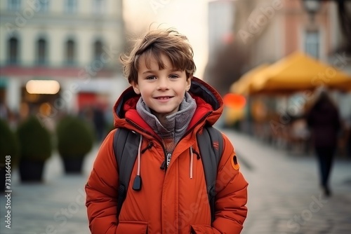 Portrait of a cute little boy in red jacket on the street