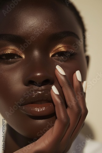 portrait of a black woman, gorgeous make up and white nail polish
