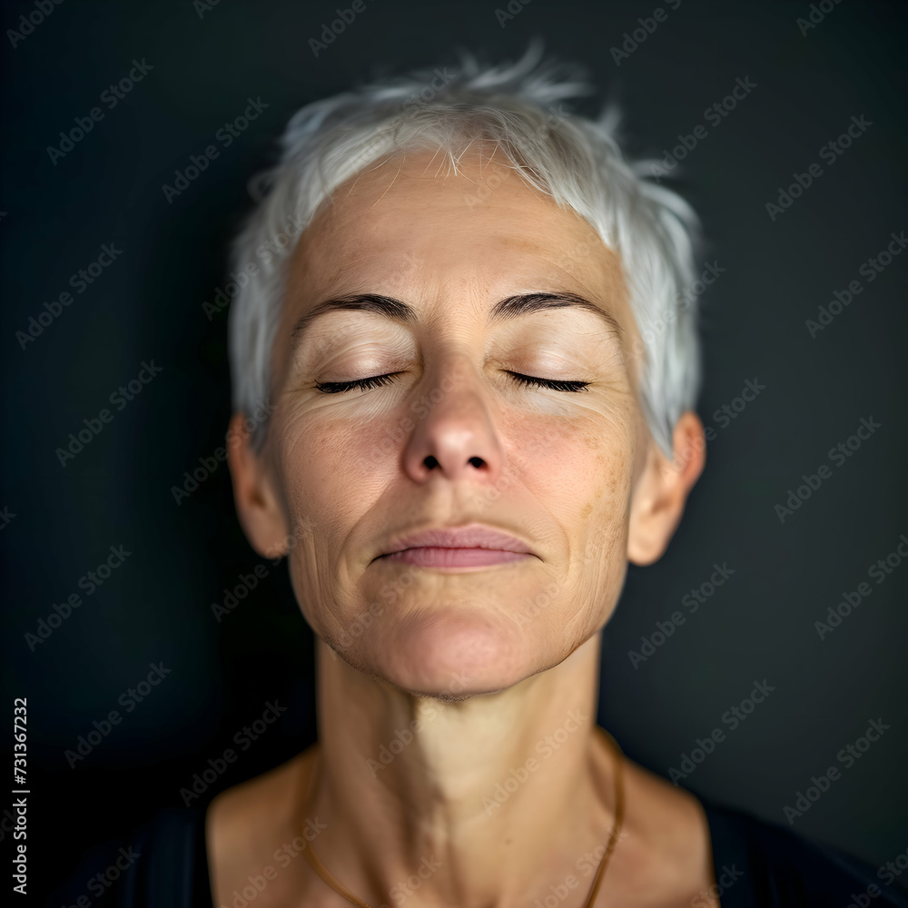 Portrait of a older woman with closed eyes breathing. Yoga breahtwork meditation. Portrait of a older woman with closed eyes breathing. Yoga breahtwork meditation.