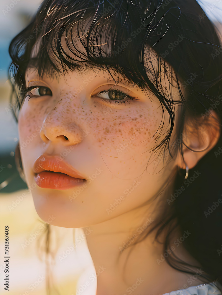 Dreamy portrait of a beautiful young japanese teenage woman with freckles Dreamy portrait of a beautiful young japanese teenage woman with freckles