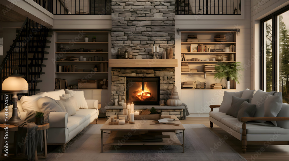 Interior view cozy modern living room, with high ceiling and stone tile wall and fireplace and white furniture. 3d rendering for for interior design background Interior view cozy modern living room, with high ceiling and stone tile wall and fireplace and white furniture. 3d rendering for for interior design background