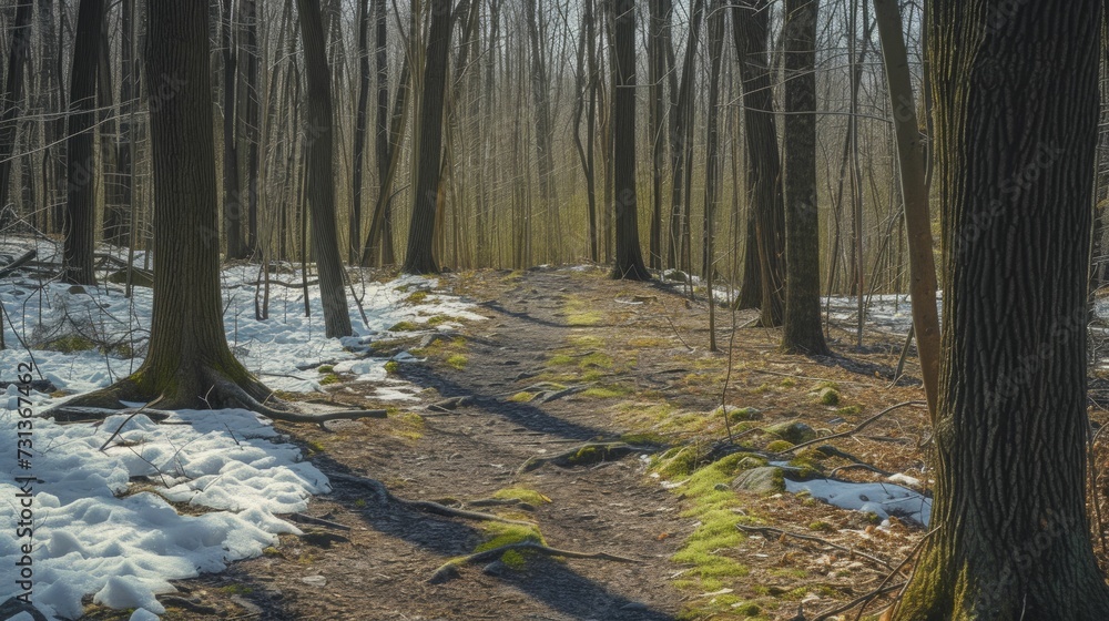 Fototapeta premium Forest trail in pastel hues, minimalistic style with melting snow patches and emerging greenery