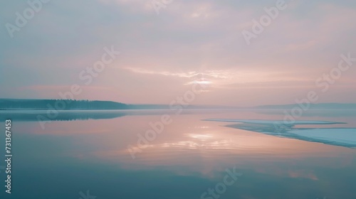 Reflective pastel lake in the thaw of early spring, minimal style with ice dissipating
