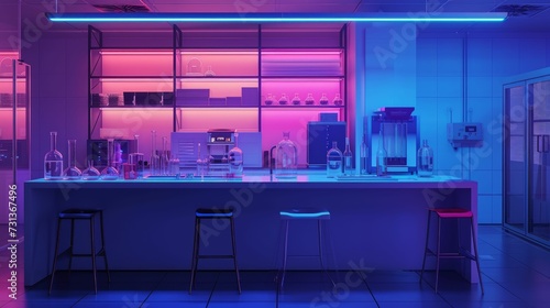 Sleek, minimalist lab with neon-lit biotech equipment, forefront of scientific innovation