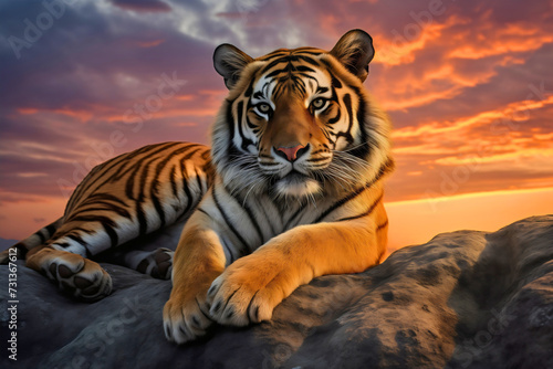 Closeup photography of a wild Bengal tiger staring at the camera, resting on a rock in the wilderness during sunset