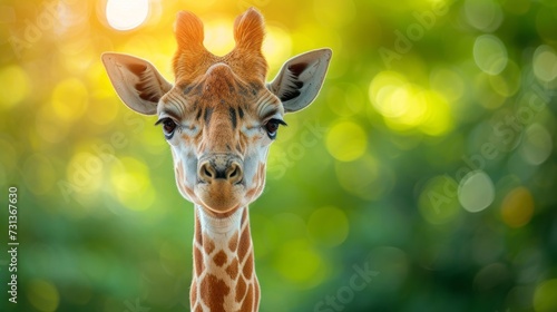 National Wildlife Day Frame Background. Copy space area for text. Giraffe with blurry forest background © Mentari