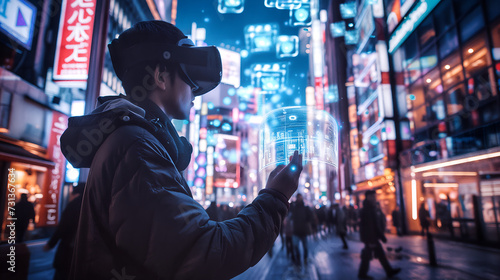 A person in an urban setting at night is wearing a VR headset, interacting with a futuristic augmented reality interface, displaying holographic data amidst the vibrant neon city lights.
