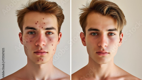 Young man or teenage boy dermatology acne treatment before and after. Teenager facial skin inflammation or irritation in puberty, pimples or spots, infections and scars, allergy removal compare result