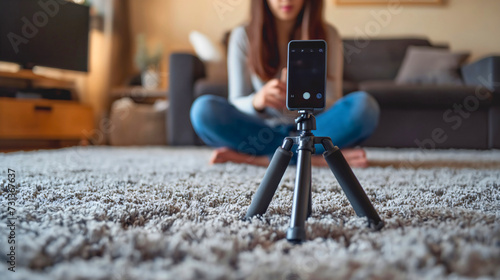 Closeup of a mobile smartphone placed on a tripod on the carpet in the modern house, room interior, recording a teenage girl blurred in the background, content creator for social media. Live broadcast photo