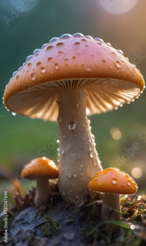 A mushroom with a pink cap covered in dew.