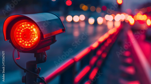Closeup of a police radar on the city street at night, with cars passing by blurred in the background. Speed limit control on the highway, penalty for speeding, camera helping the law enforcement photo