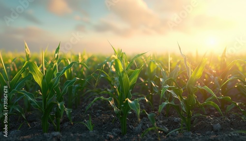 organic corn or maize field at agriculture farm in the morning sunrise