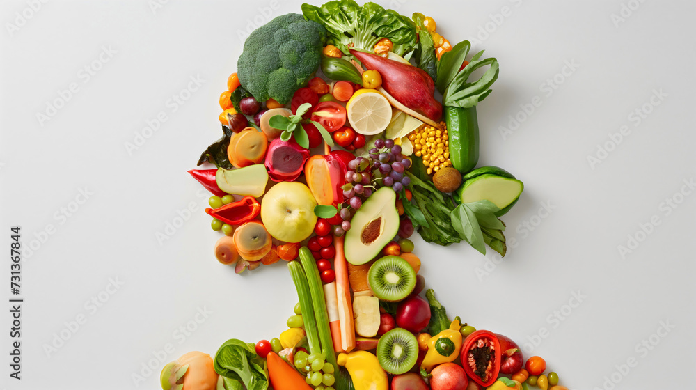 Human body and head shape made out of healthy vegetables and fruits. Organic fresh food to fulfil the body's nutrient needs and to provide enough vitamins and minerals,vegan diet lifestyle,raw natural