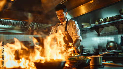 Professional male kitchen worker at a restaurant, fire in the kitchen while he's preparing food, wearing white uniform and cook hat. Culinary occupation employee staff indoors, cooker job