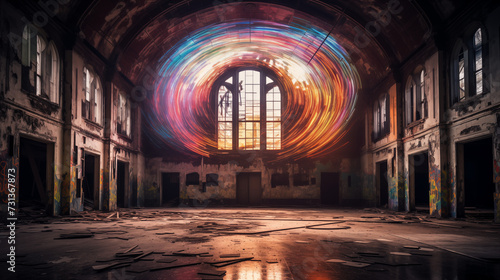 Whirling Light Vortex in Derelict Hall with Sunset Window