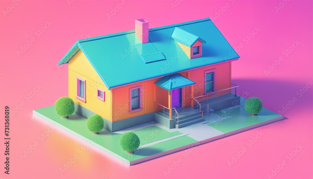 Isometric view of a detached single-family house in very colorful color combinations of the eighties Isometric view of a detached single-family house in very colorful color combinations of the eighties