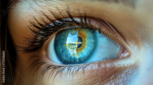 Closeup photography of a Christian cross reflecting in a woman's eye. Female person thinking about belief in Jesus Christ and His sacrifice, holy Bible believer, blessed with grace and forgiveness