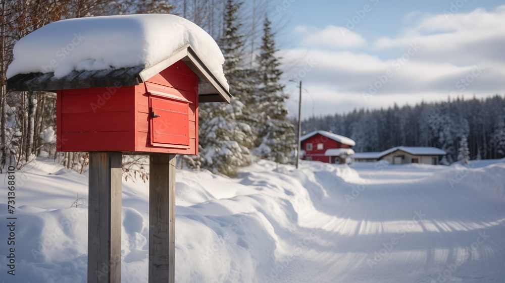 A red mailbox covered with snow stands on the road to winter village A red mailbox covered with snow stands on the road to winter village
