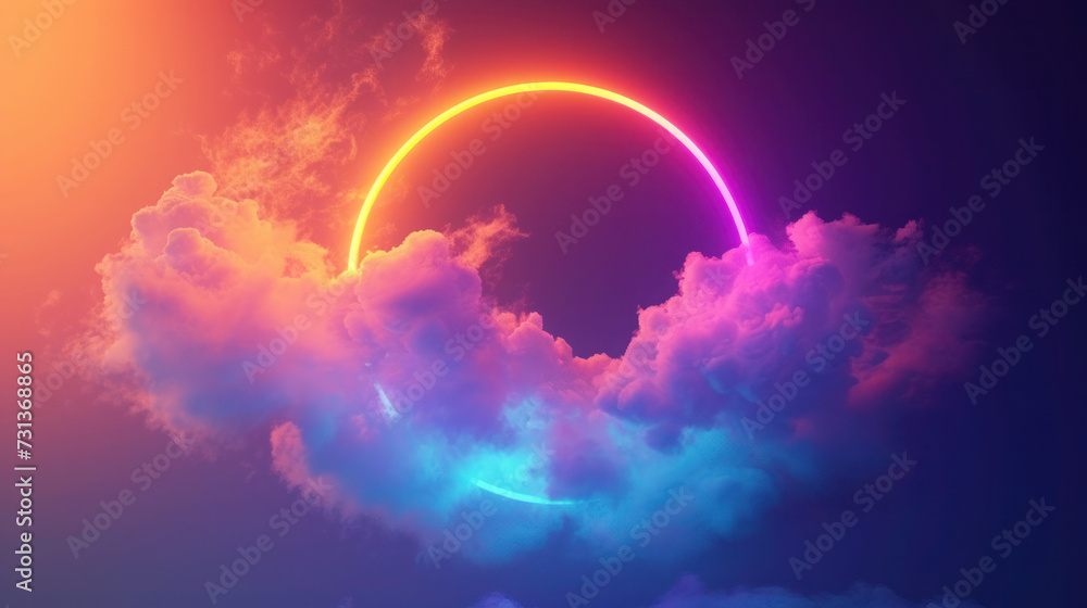 Neon Light Ring Shining on Abstract Cloudscape
