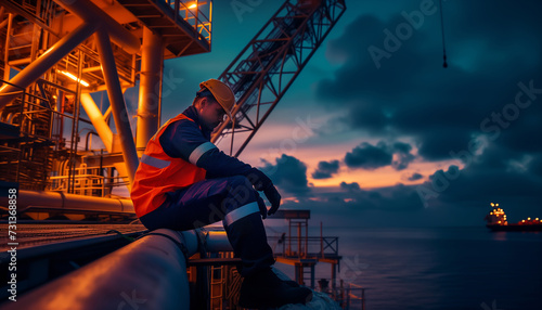 Tired oil offshore drill platform worker dressed orange uniform after hard work day resting at late evening with beautiful sunset. Petroleum and gas extract and process exploration industry concept.