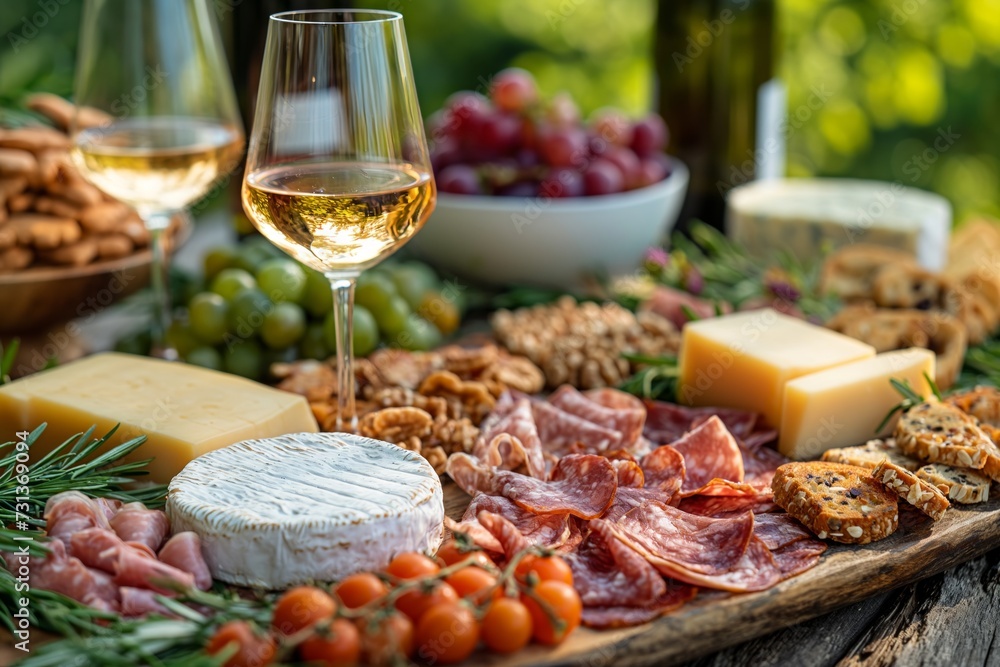 Picnic served outside with a glass of wine, cheese, grapes, salami on a wooden board in sunlight