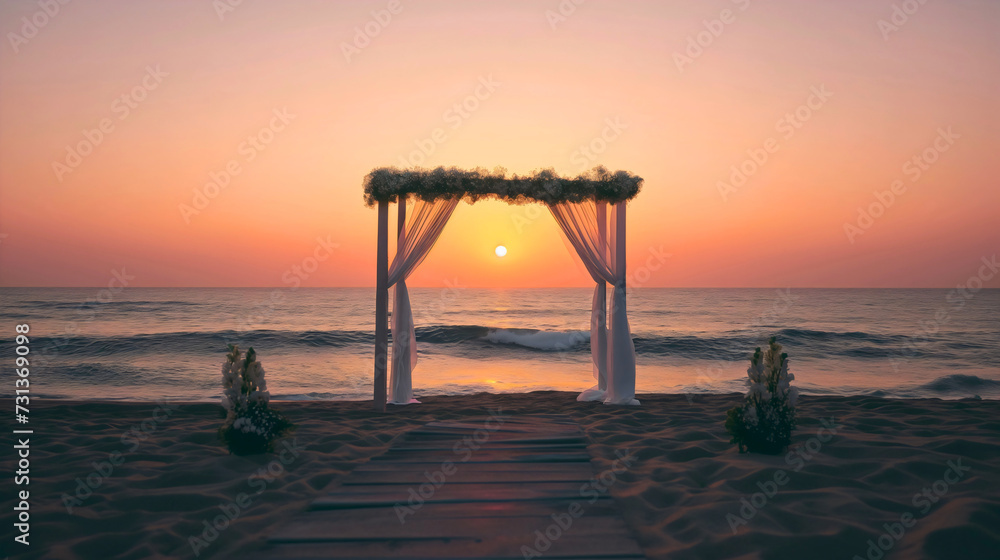 Romantic scene of the sea or ocean sand beach wedding at the sunset with bouquets of rose flowers and chairs for the guests. No people, nobody, copy space. Summer marriage ceremony, holiday engagement Romantic scene of the sea or ocean sand beach wedding at the sunset with bouquets of rose flowers and chairs for the guests. No people, nobody, copy space. Summer marriage ceremony, holiday engagement