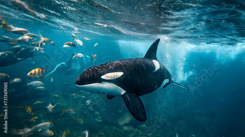 Killer orca whale swimming underwater photography, surrounded by various small fishes. Aquatic wildlife