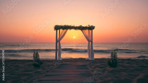 Fototapeta Naklejka Na Ścianę i Meble -  Romantic scene of the sea or ocean sand beach wedding at the sunset with bouquets of rose flowers and chairs for the guests. No people, nobody, copy space. Summer marriage ceremony, holiday engagement
