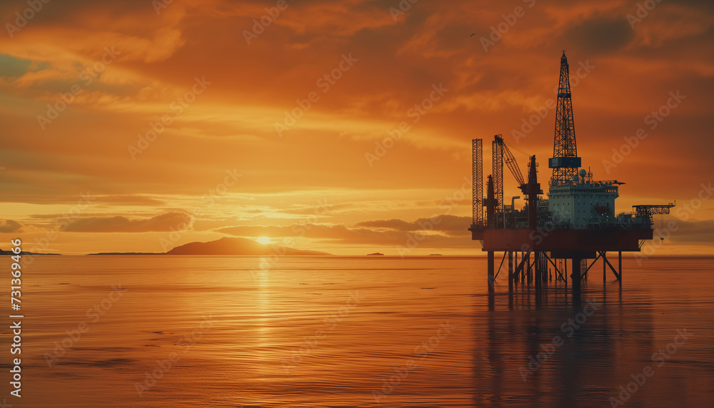 Beautiful sunset evening sky over the oil platform, lost in the calm Northern European seas, lit with warm light. Petroleum and gas extract and process exploration industry concept wide-angle image