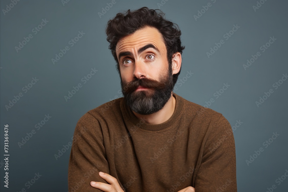 Surprised man with beard and mustache looking at camera on grey background Surprised man with beard and mustache looking at camera on grey background