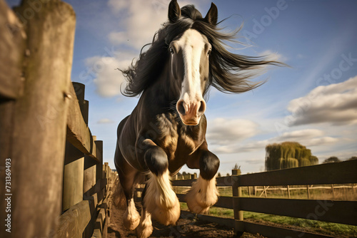 Shire domestic horse animal running or galloping behind the wooden fence on the farm field, sunny daytime sky in the background