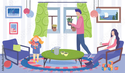 Family relaxes colorful living room. Woman sips coffee, man cares plant, child cuddles toy. Modern interior hanging lamps, wall art, windows