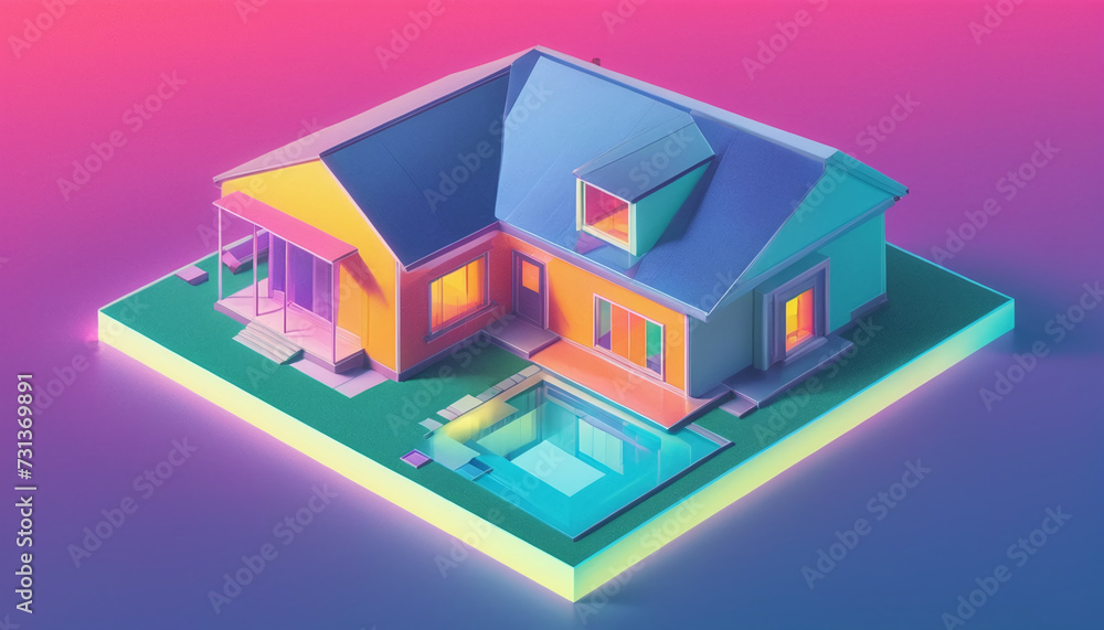 Isometric view of a detached single-family house in very colorful color combinations of the eighties Isometric view of a detached single-family house in very colorful color combinations of the eighties