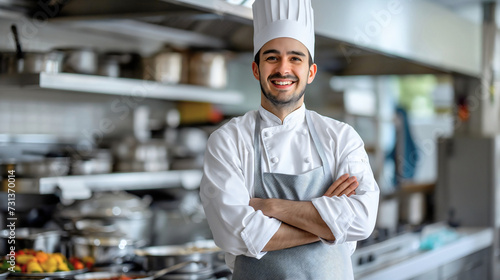 Professional male kitchen worker at a restaurant smiling at the camera, standing with his arms crossed, wearing white uniform and cook hat. Culinary occupation employee staff indoors, cooker job