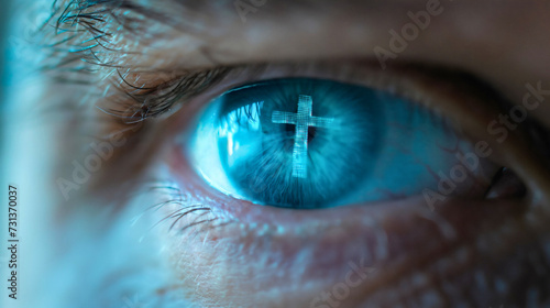 Closeup photography of a Christian cross reflecting in a man's eye. Male person thinking about belief in Jesus Christ and His sacrifice, holy Bible believer, blessed with grace and forgiveness
