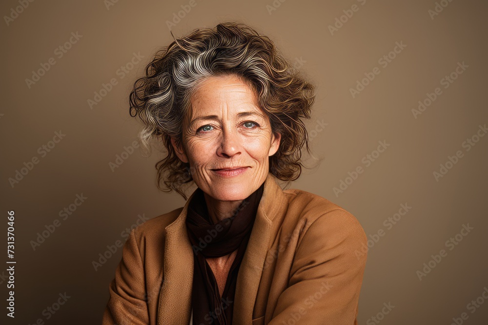 Portrait of a beautiful senior woman with gray hair and brown scarf.