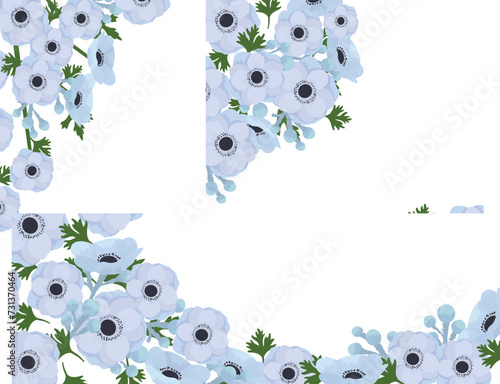 Floral corner design light blue anemone flowers green leaves. Anemone invitat...