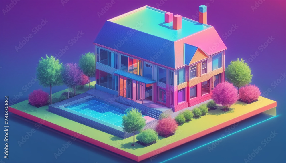 Isometric view of a detached single-family house in very colorful color combinations of the eighties Isometric view of a detached single-family house in very colorful color combinations of the eighties
