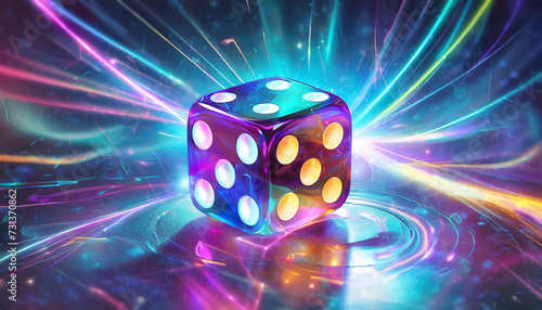 Casino neon background of dice on gaming table with lightning. Gaming cube with iridescent holographic effect. Concept of online betting and risky games