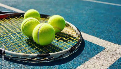 Holliday sport composition with yellow tennis balls and racket on a blue background of hard tennis court. Sport and healthy lifestyle. The concept of outdoor game sports. Flat lay © Amli