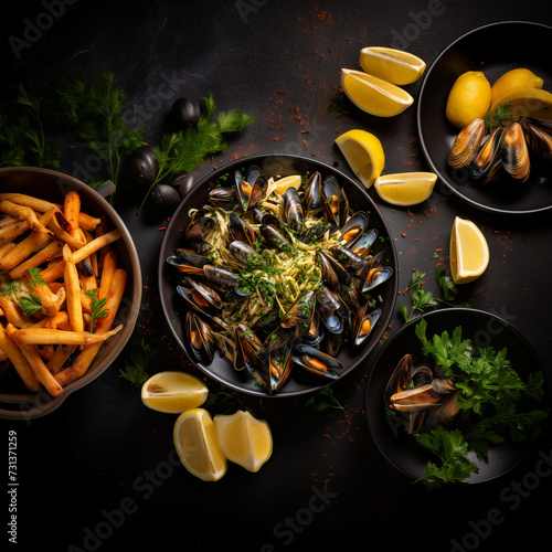 Moules Frites containing Steamed mussels served with crispy fries, accompanied by a flavorful sauce photo