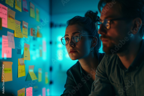 Female UX Architect Has Discussion with Male Design Engineer They Work on Mobile Application Late at Night In the Background Wall with Project Sticky Notes and Other Studio Employees photo