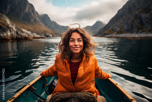 Portrait of a 20 years old woman in a canoe floating on the water among the fjords. Generative AI