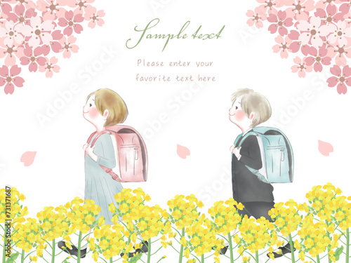 桜と菜の花とランドセルの子供たち